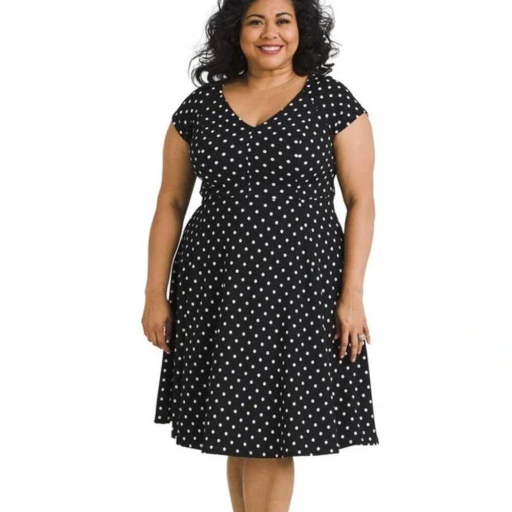 Modcloth Polka Dot Fit& Flare Dress Size S Black White V Neck Cap Sleeve